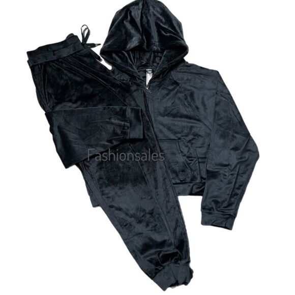 Victoria’s Secret Supersoft Cozy Velour Tracksuit Hoodie & Joggers Black Xlarge - Picture 1 of 6